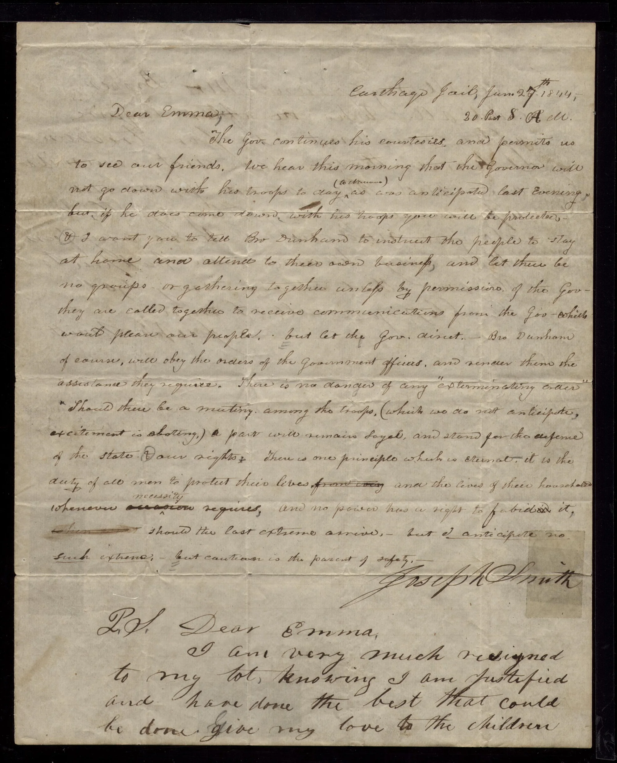 Joseph Smith's final letter to Emma, June 26 to 27, 1844