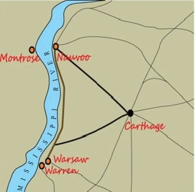Tragic Triangle map showing Montrose, Nauvoo, Warsaw, Warren, and Carthage
